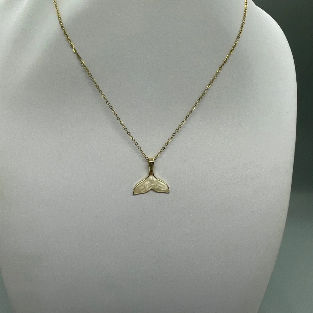 Whale Tail‎ Pendant Necklace White Enamel Mermaid Fluke Nautical Jewelry